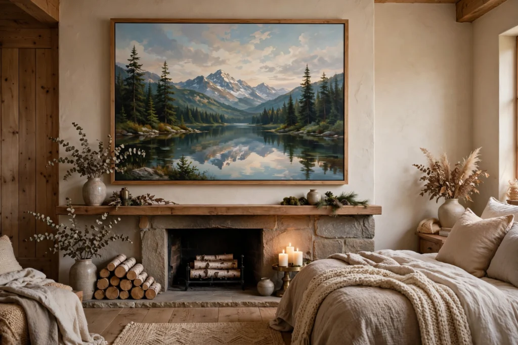 Oversized serene landscape art hanging above a bedroom fireplace mantel