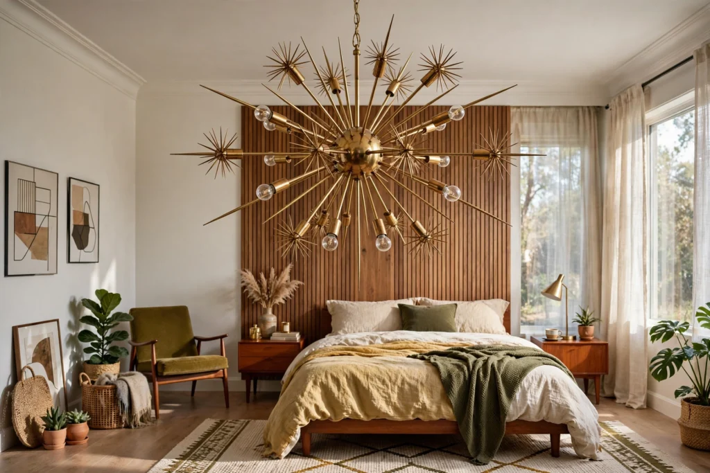 Brass mid-century sputnik chandelier adding sculptural energy to a bedroom
