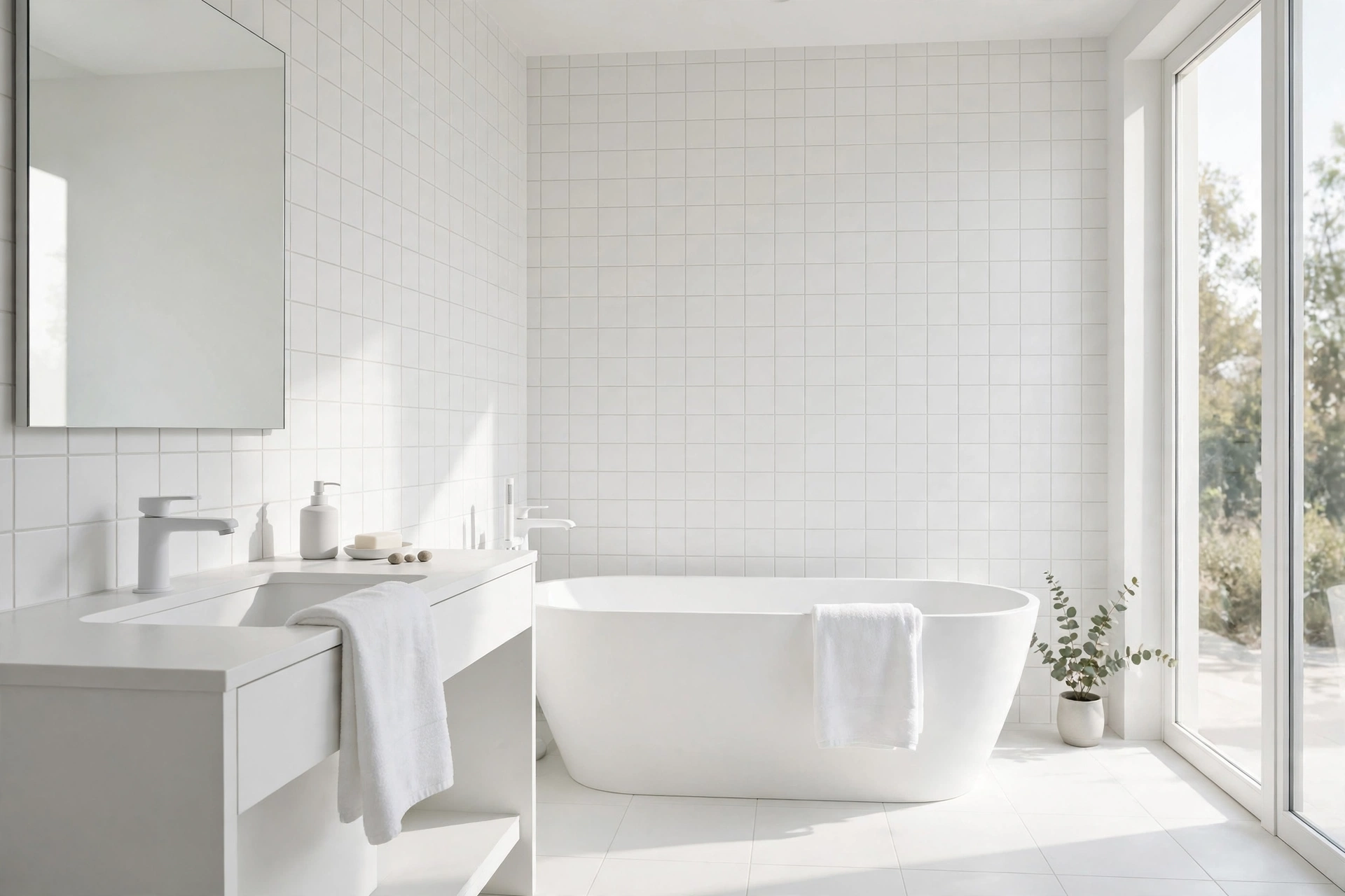 All-white bathroom with white tile and seamless matching white grout