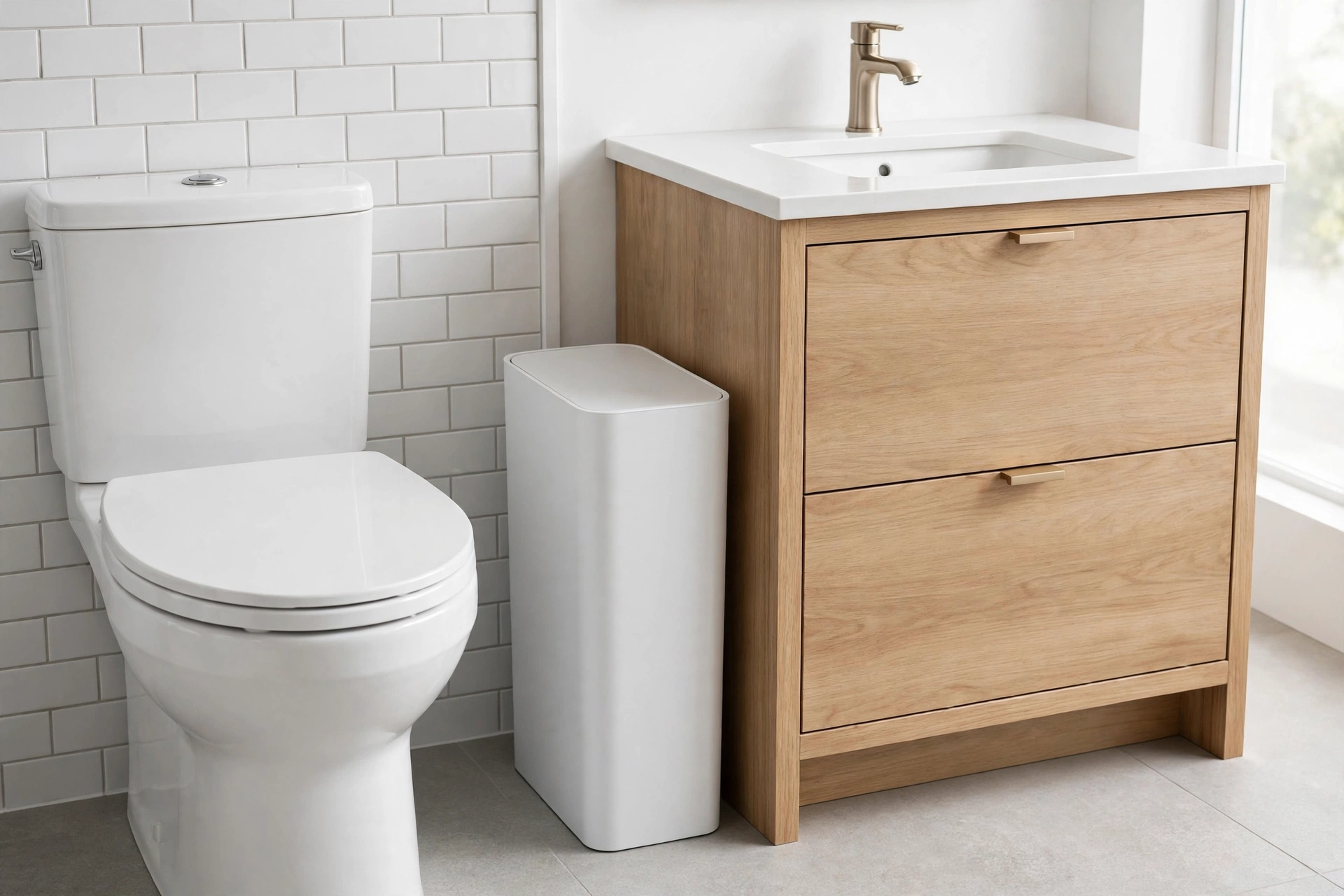 Slim matte white bathroom trash can fitted between toilet and vanity cabinet