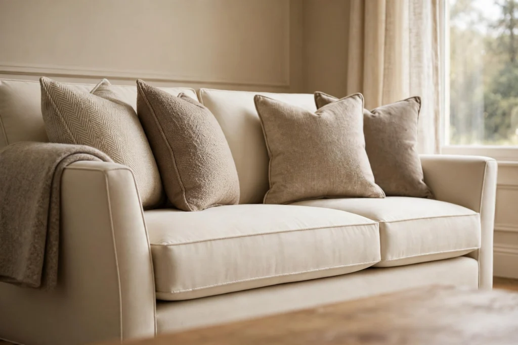 Cream tailored sofa with clean lines and welted seams in a neutral living room