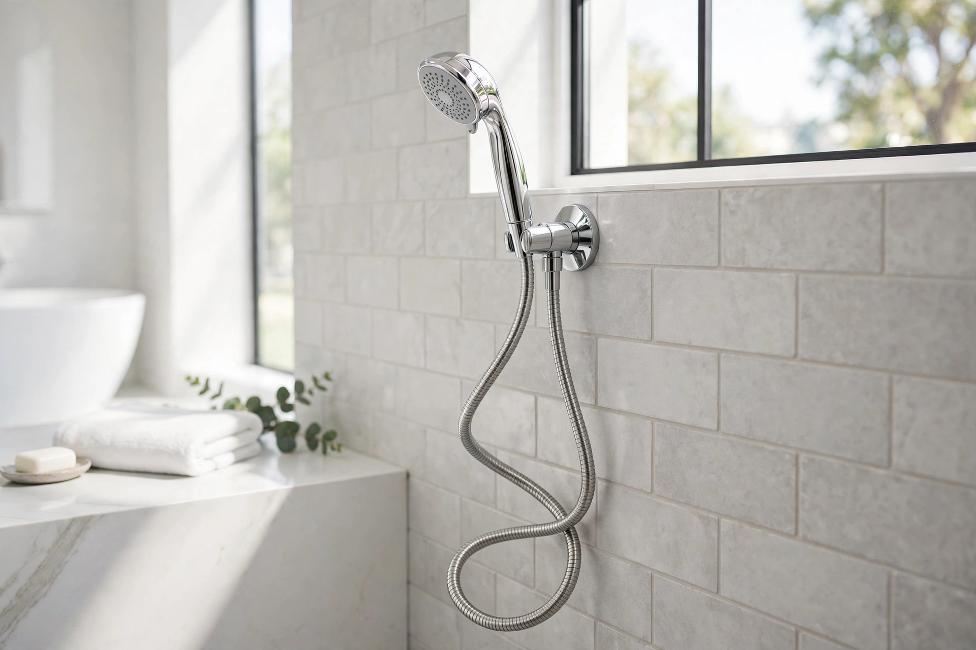 Chrome handheld shower wand with a long flexible hose on a wall bracket