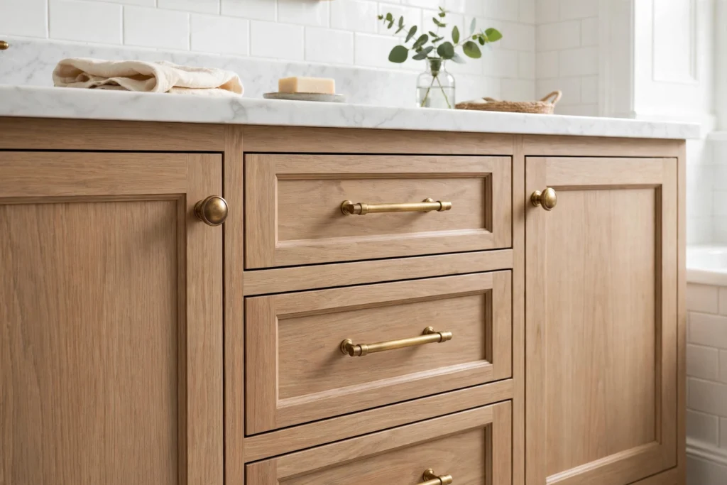 Round brass knobs on vanity doors paired with matching brass drawer pulls