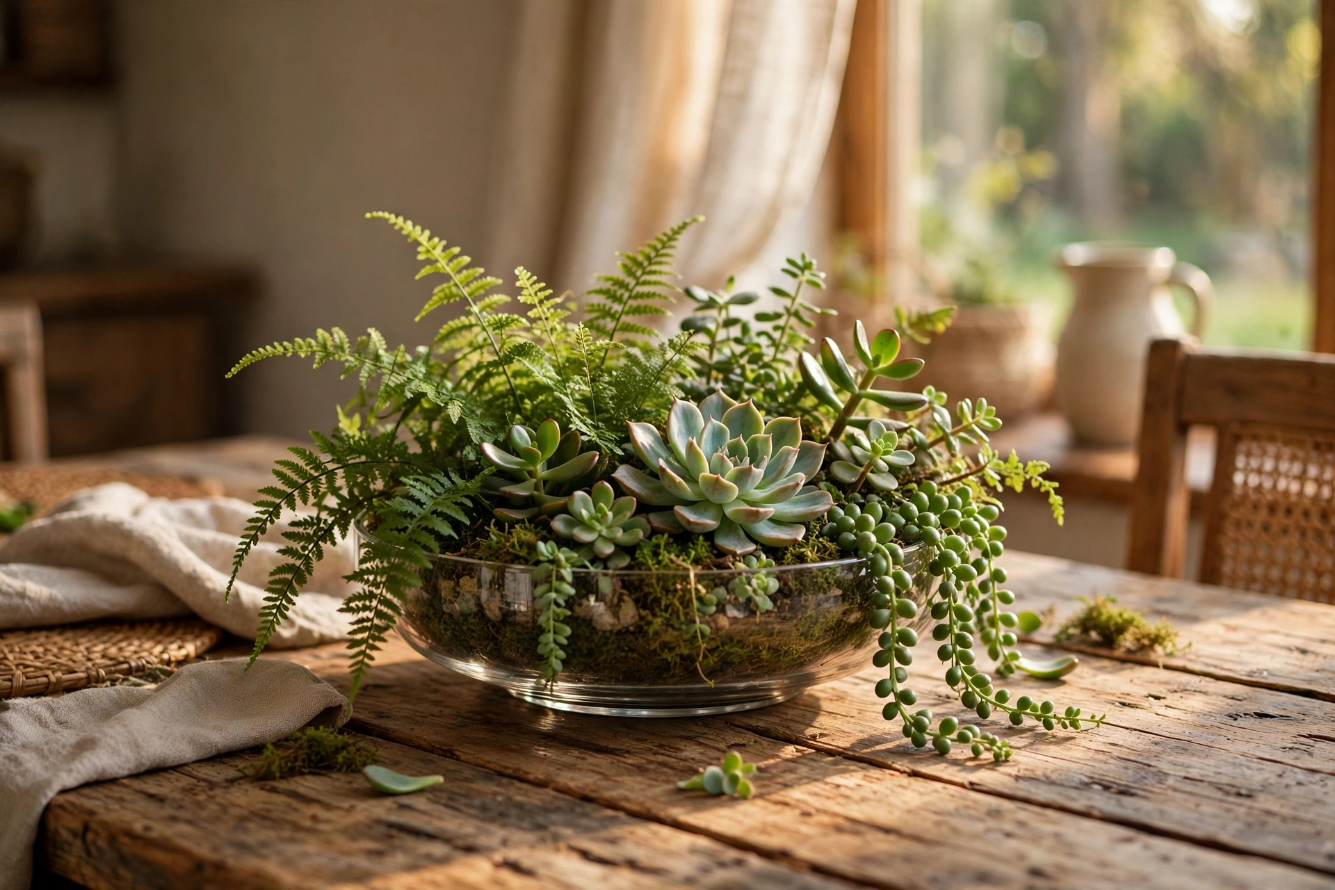 Low glass bowl centerpiece with ferns and succulents on a rustic dining table
