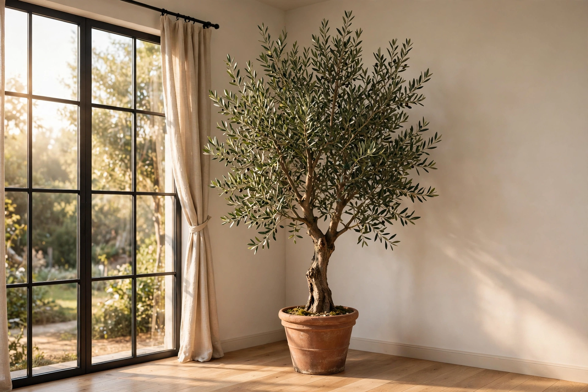 Tall olive tree in a terracotta pot filling an empty dining room corner