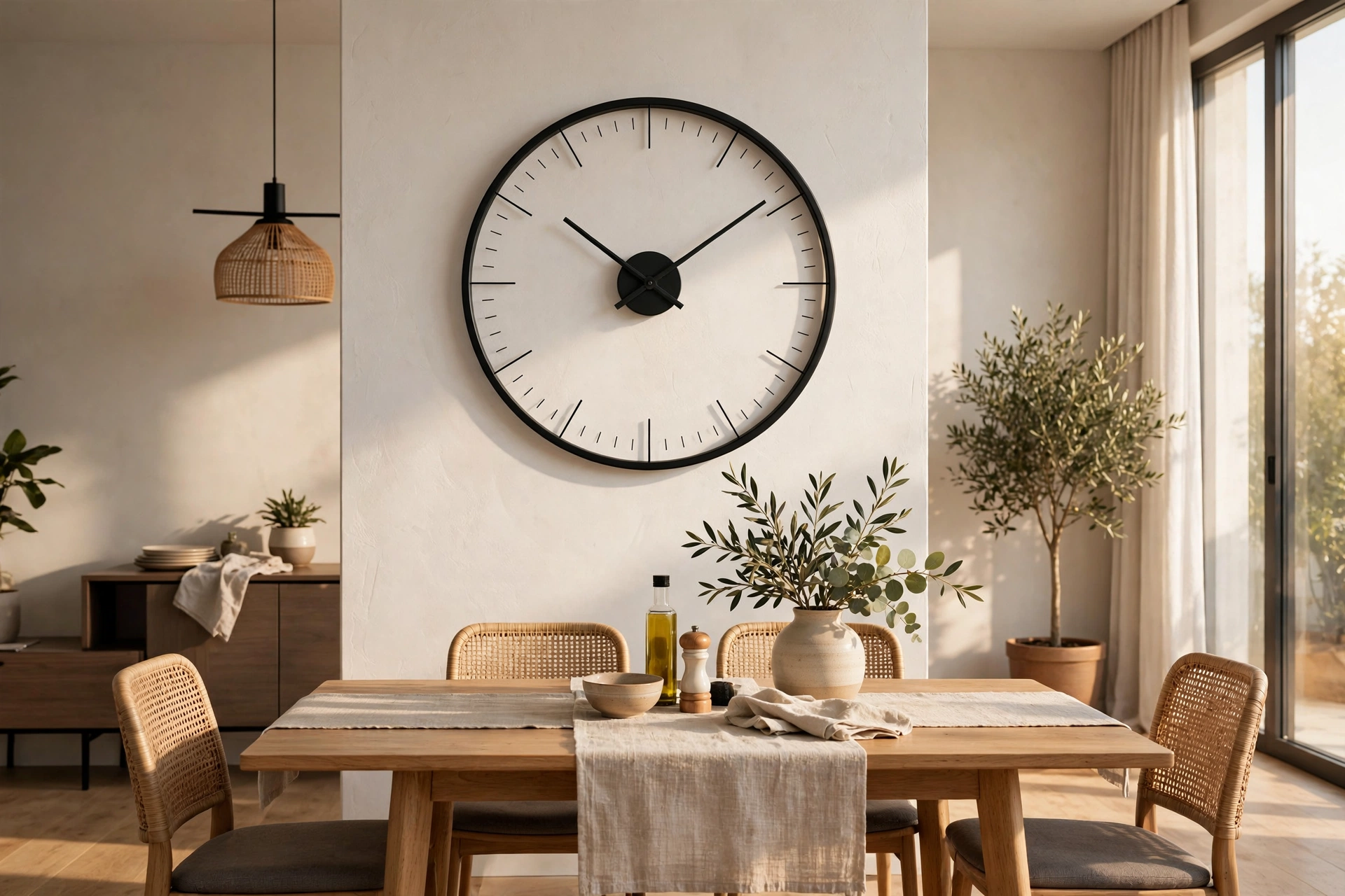 Slim black modern wall clock with minimal markers in a contemporary dining room