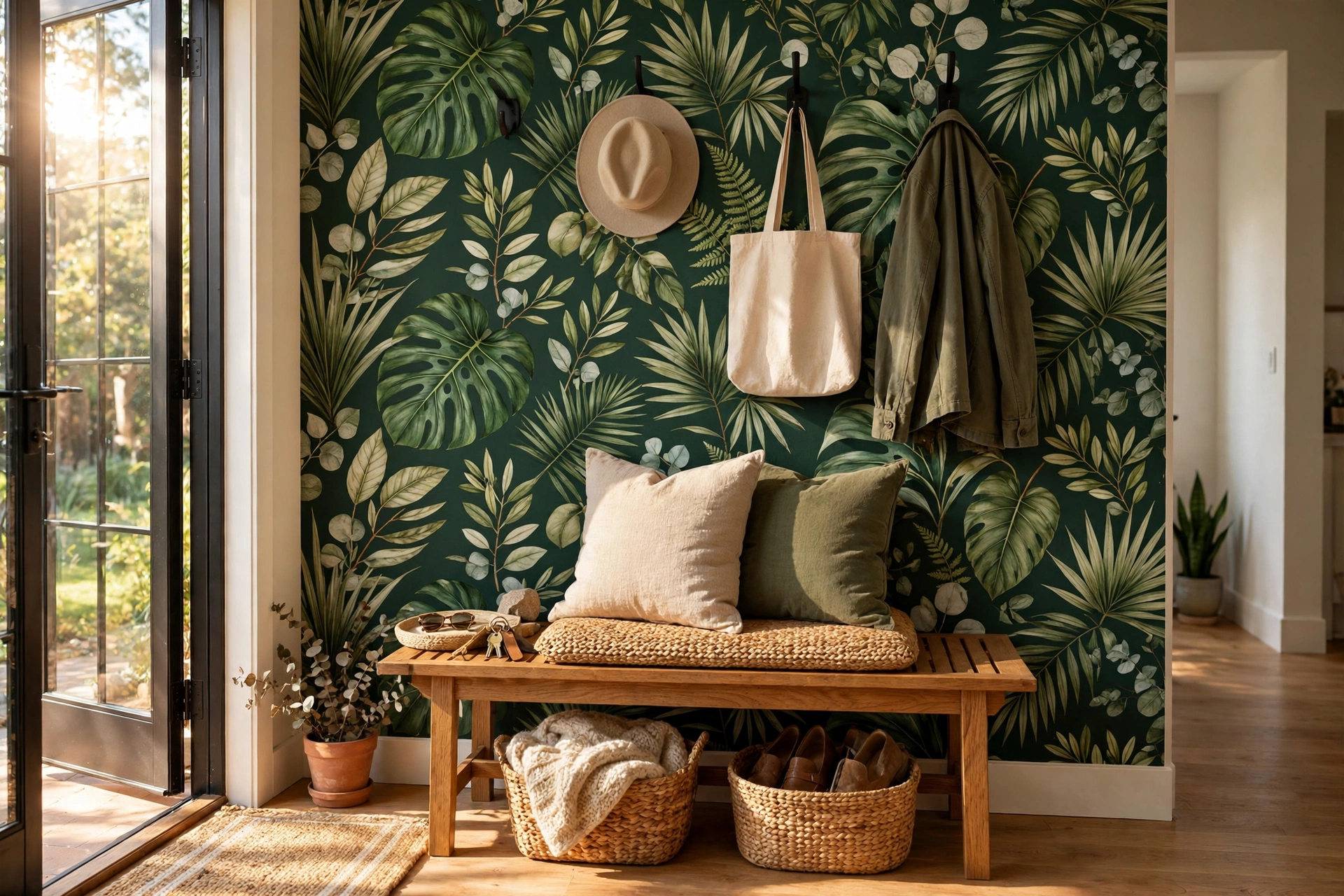 Entryway wall with bold botanical peel-and-stick wallpaper behind a bench