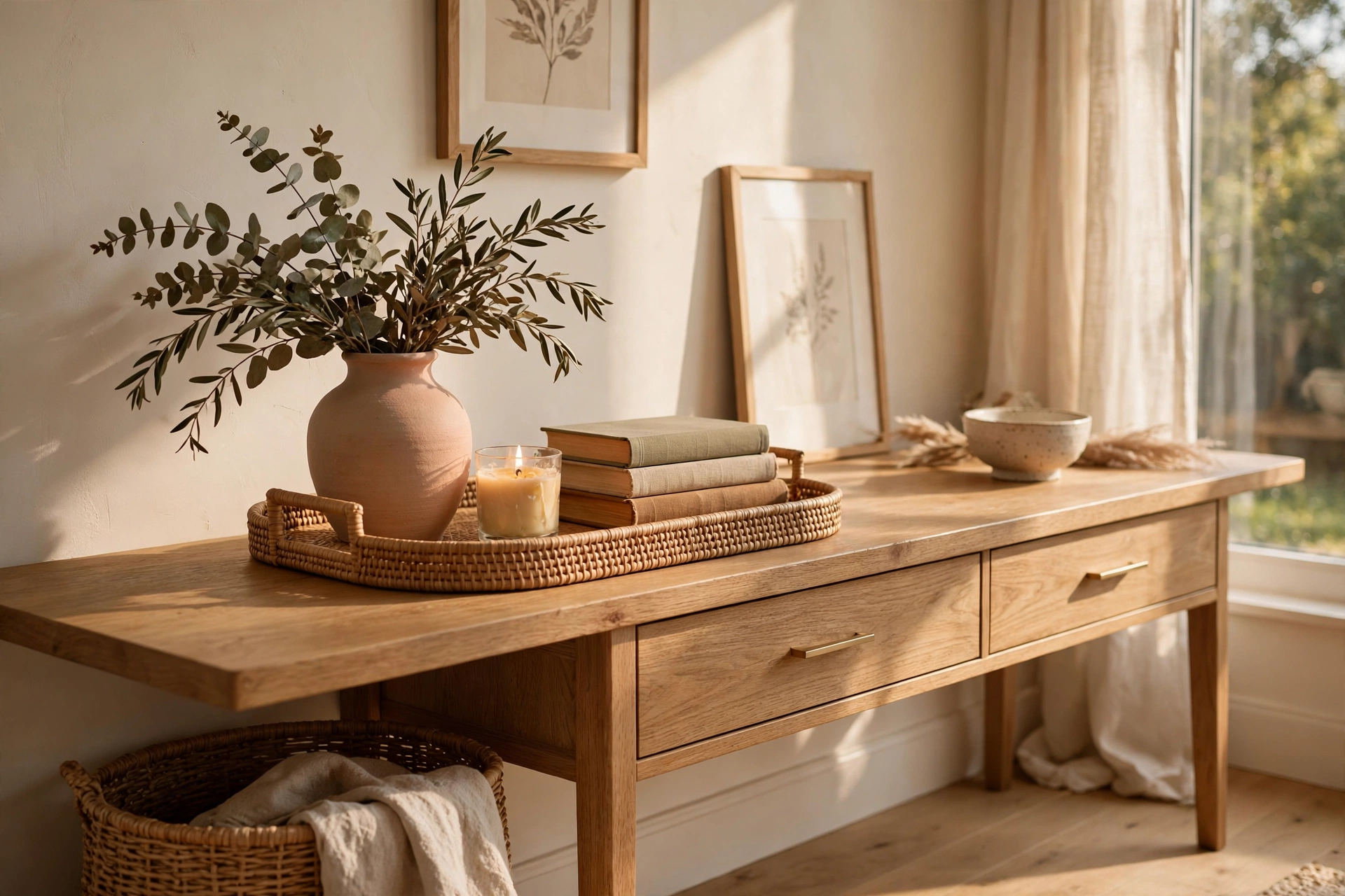 Decorative tray with vase, candle, and books styled off-center on a console table