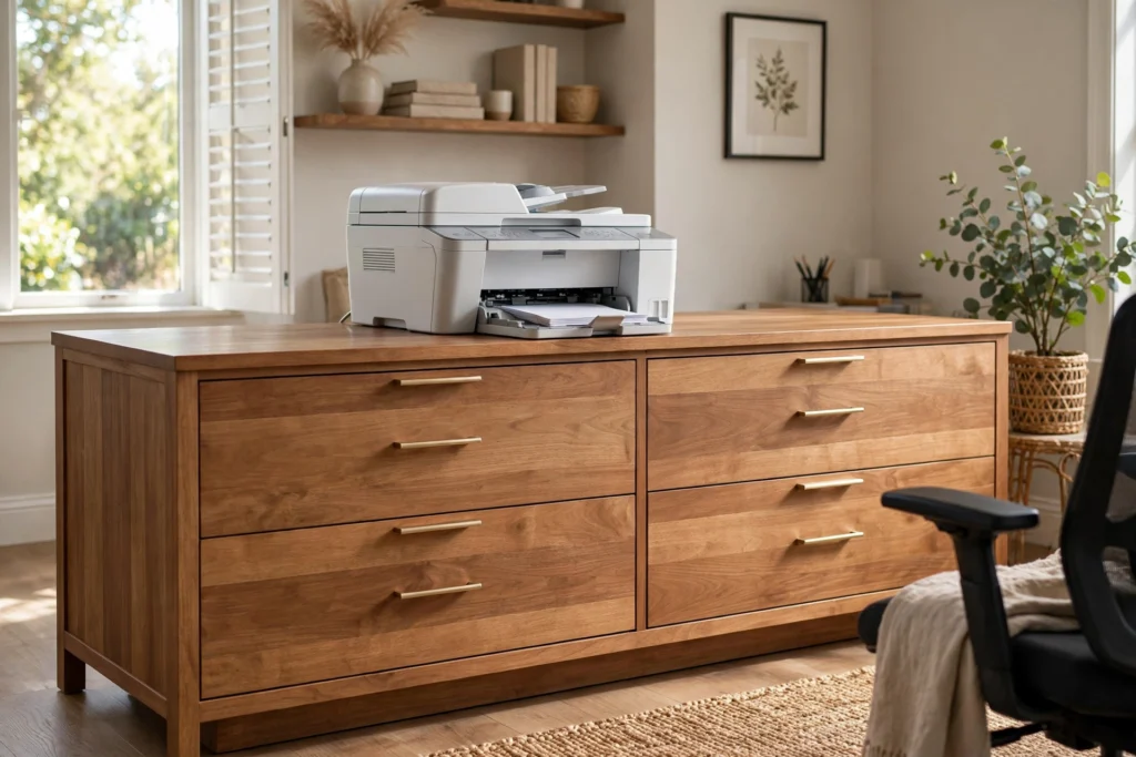 Wide wooden lateral filing cabinet with printer on top in a home office