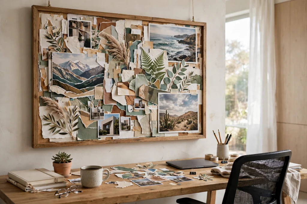 Framed vision collage with layered magazine cutouts and printed photos above an office desk