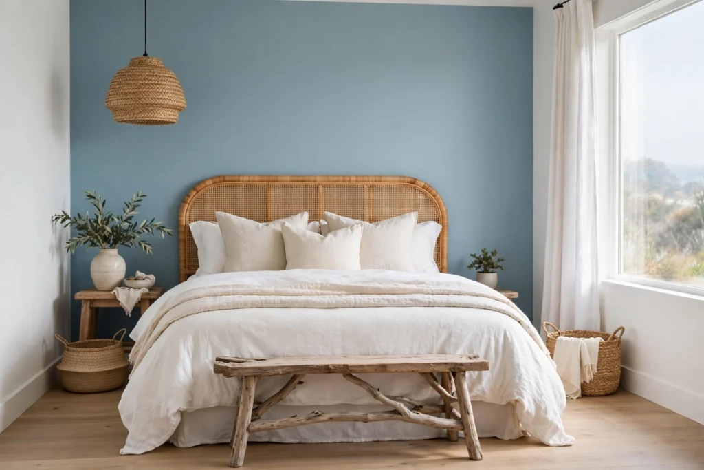 Coastal bedroom with a soft sea-blue accent wall behind a rattan headboard
