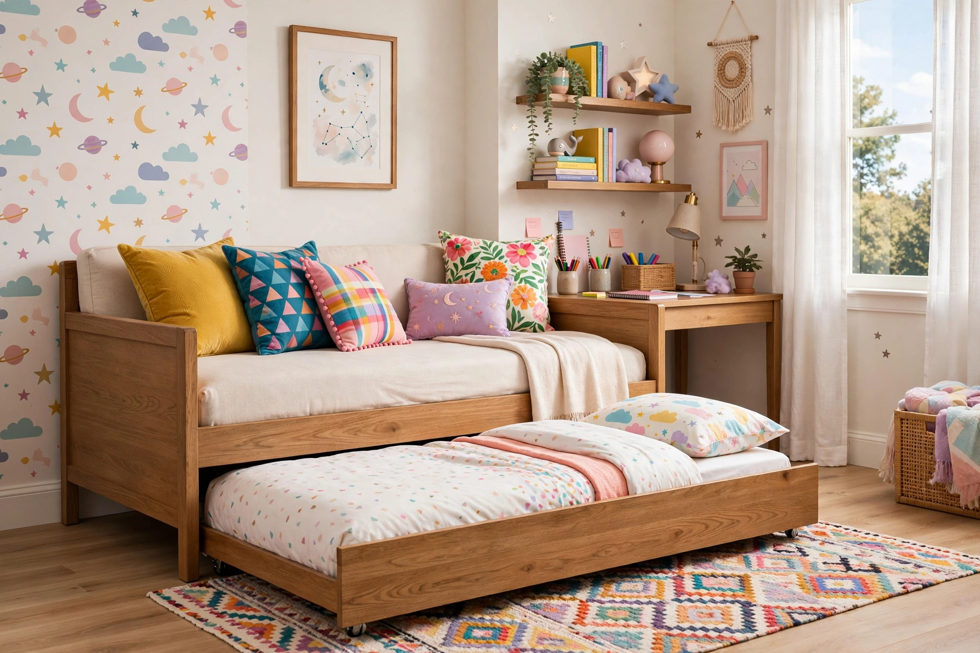 Daybed styled with colorful throw pillows and pull-out trundle in a tween bedroom
