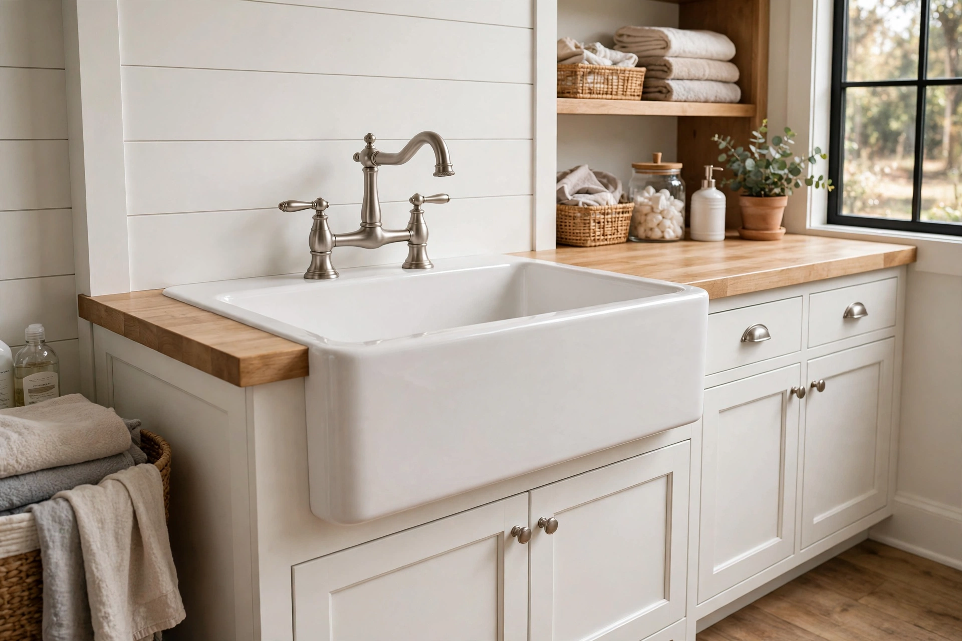 White farmhouse apron-front fireclay laundry sink with brushed nickel bridge faucet
