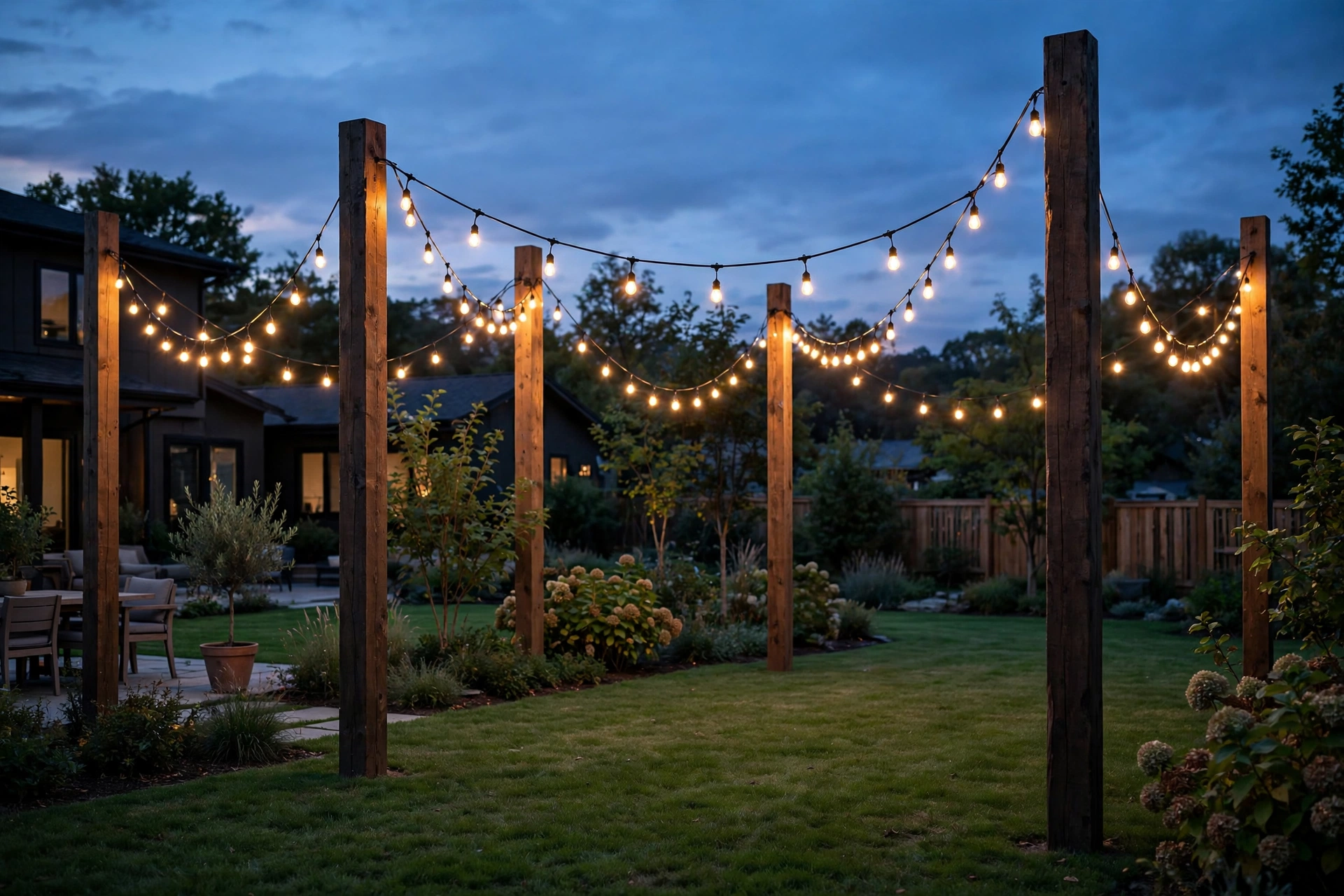 Zigzag string lights strung across a large backyard between tall posts
