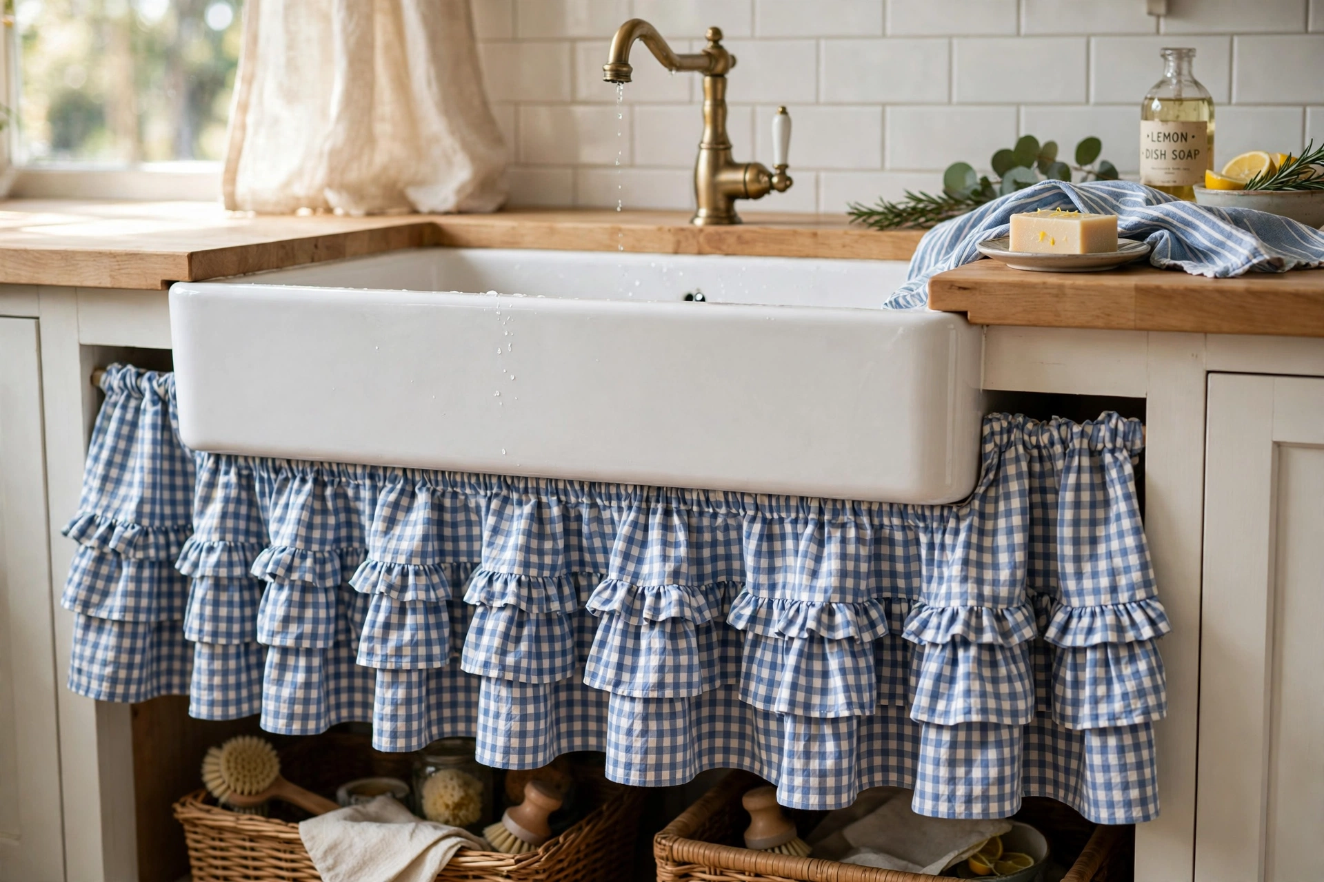 Ruffled cotton sink skirt with tiered flounces and gingham checks under a farmhouse sink