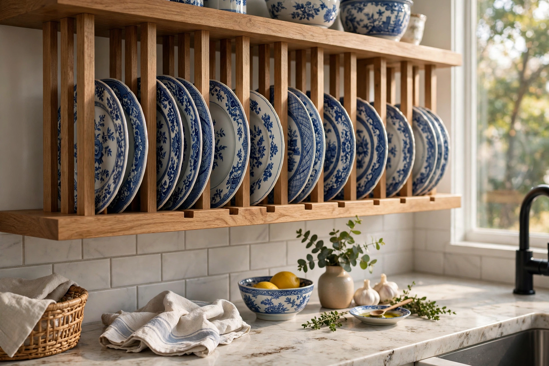 Open kitchen shelving with routed plate slots displaying upright blue and white dishes