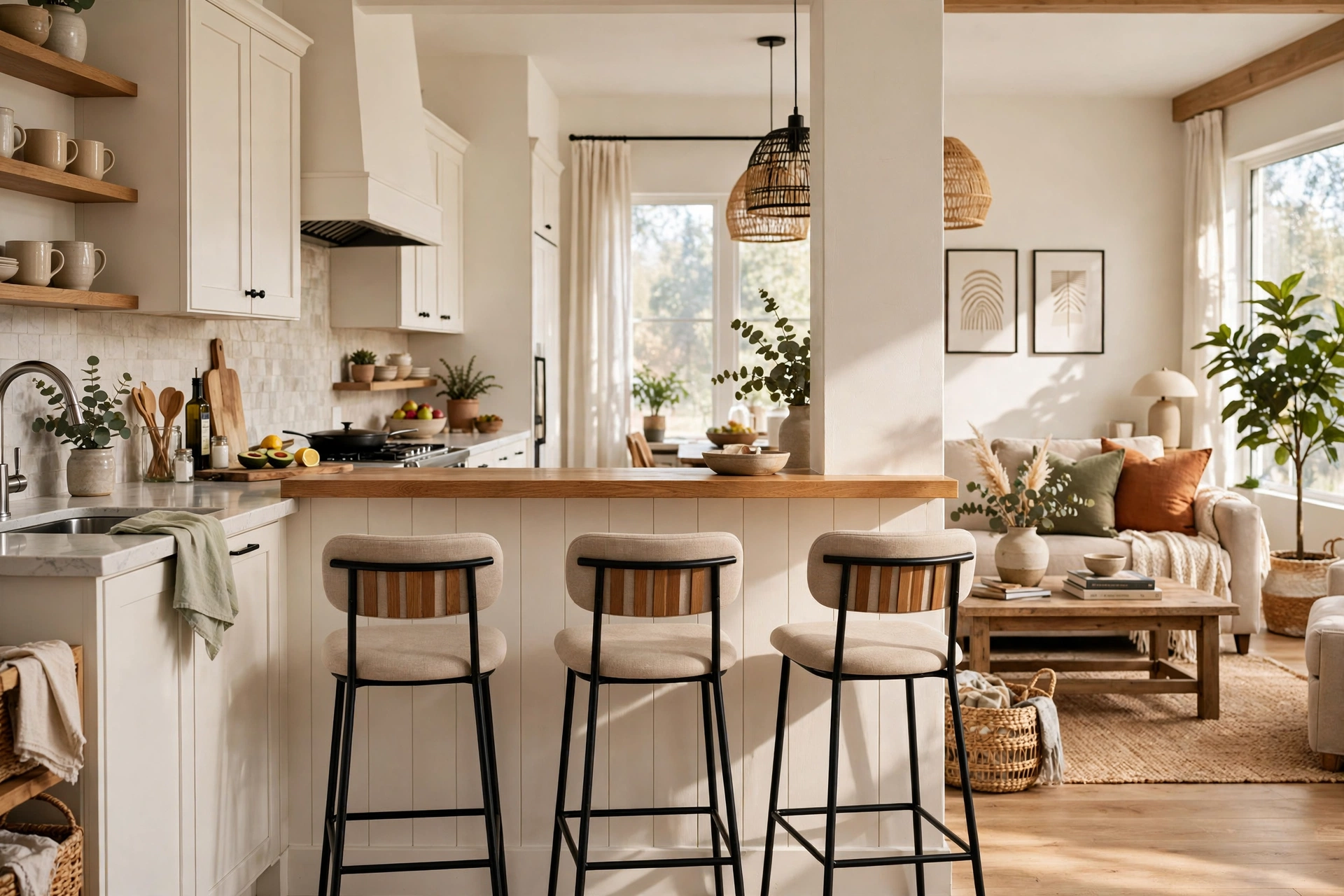 Wide half-wall pass-through with bar stools creating a breakfast bar between kitchen and living room
