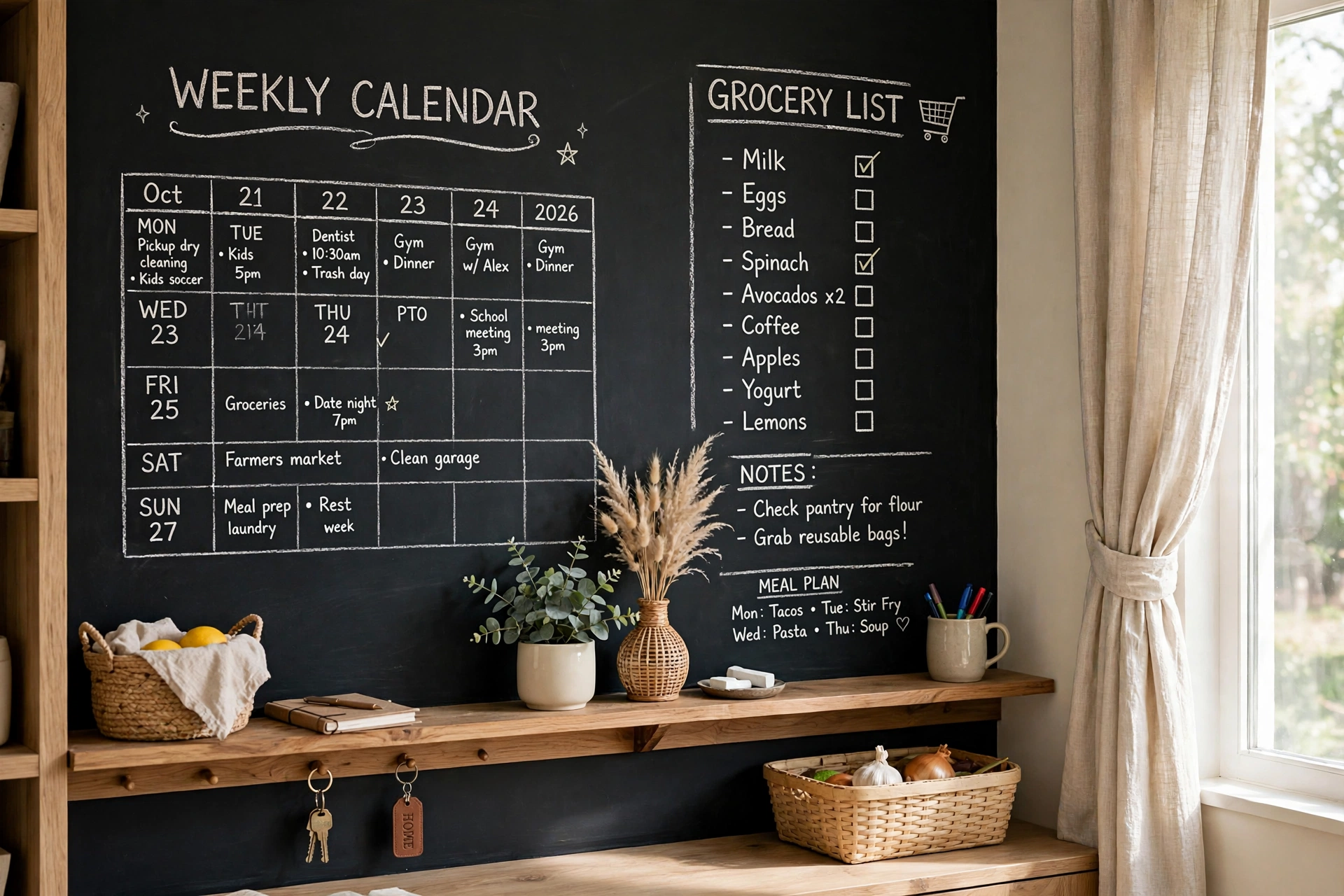 Chalkboard painted wall command center with weekly calendar and grocery list zones