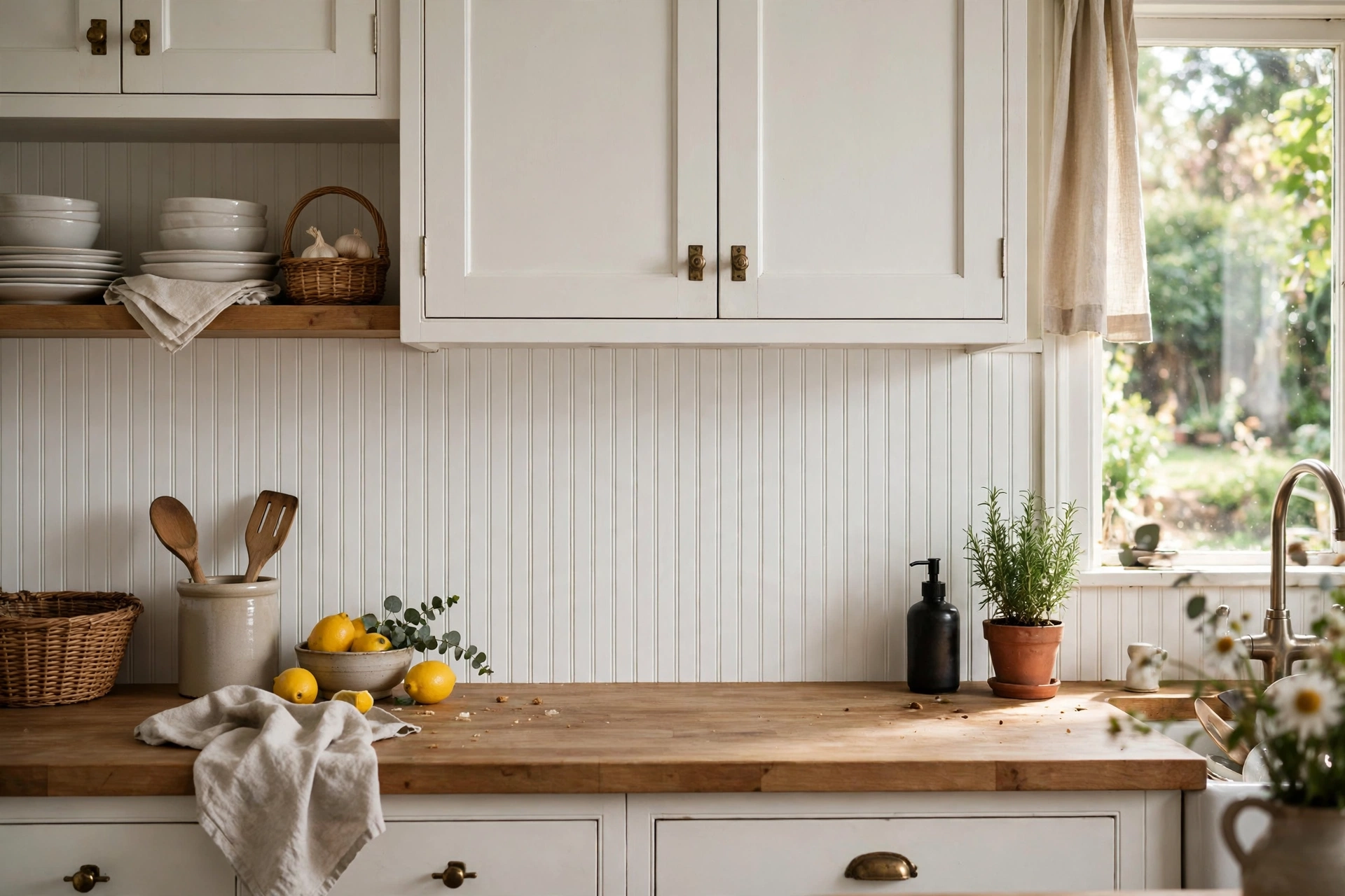 White beadboard backsplash running from countertop to upper cabinets in a cottage kitchen