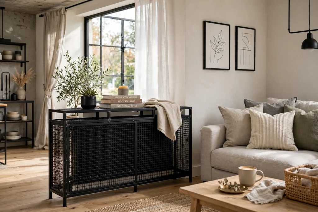 Black metal mesh radiator cover with industrial styling in modern living room