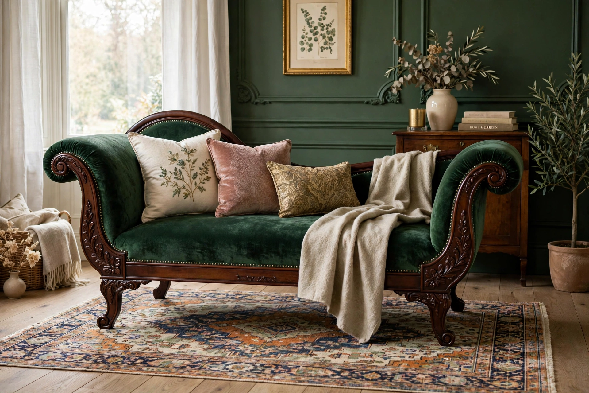Victorian récamier chaise with two raised ends styled on a patterned rug