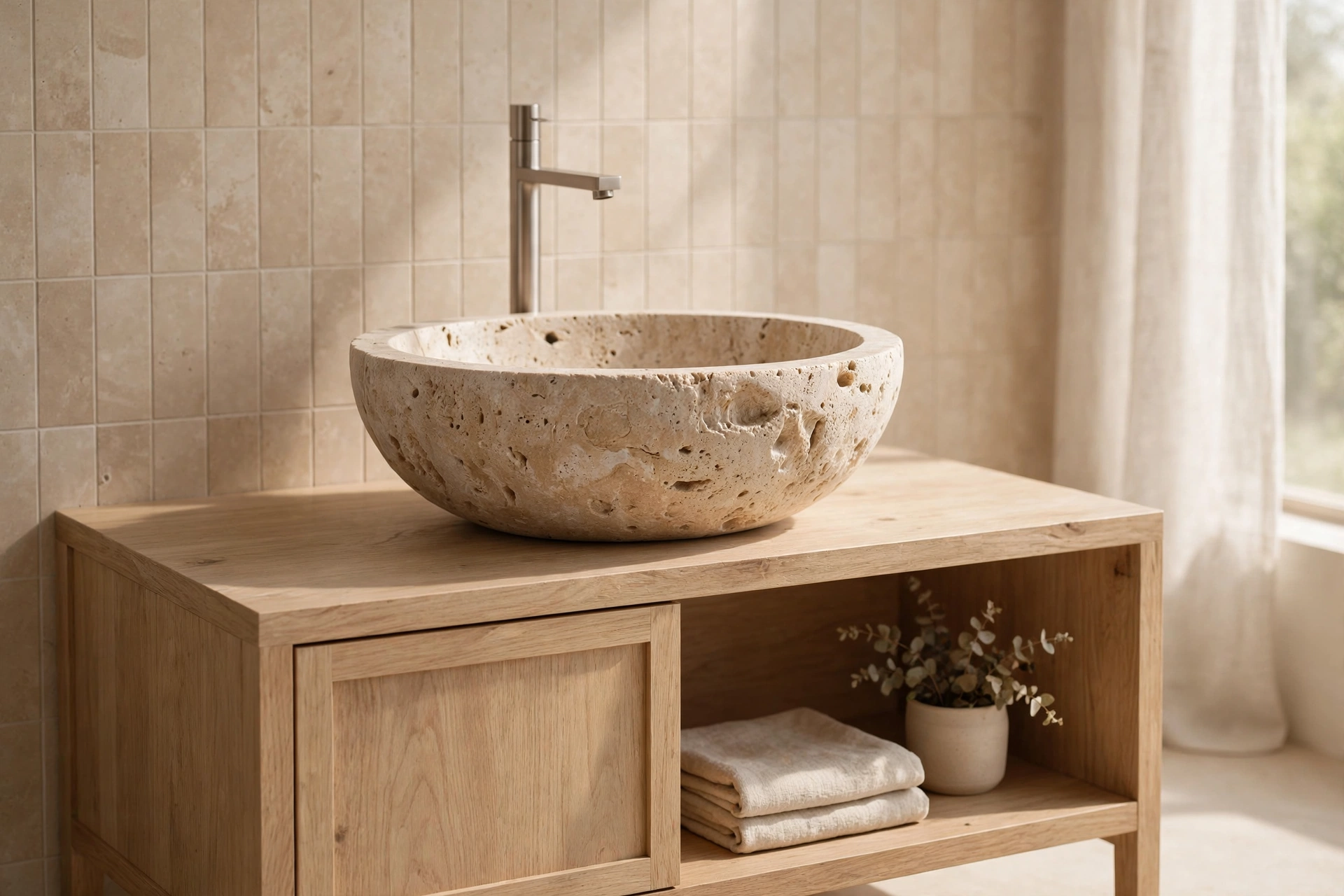 Handleless light wood kitchen cabinets with push-to-open doors and no hardware