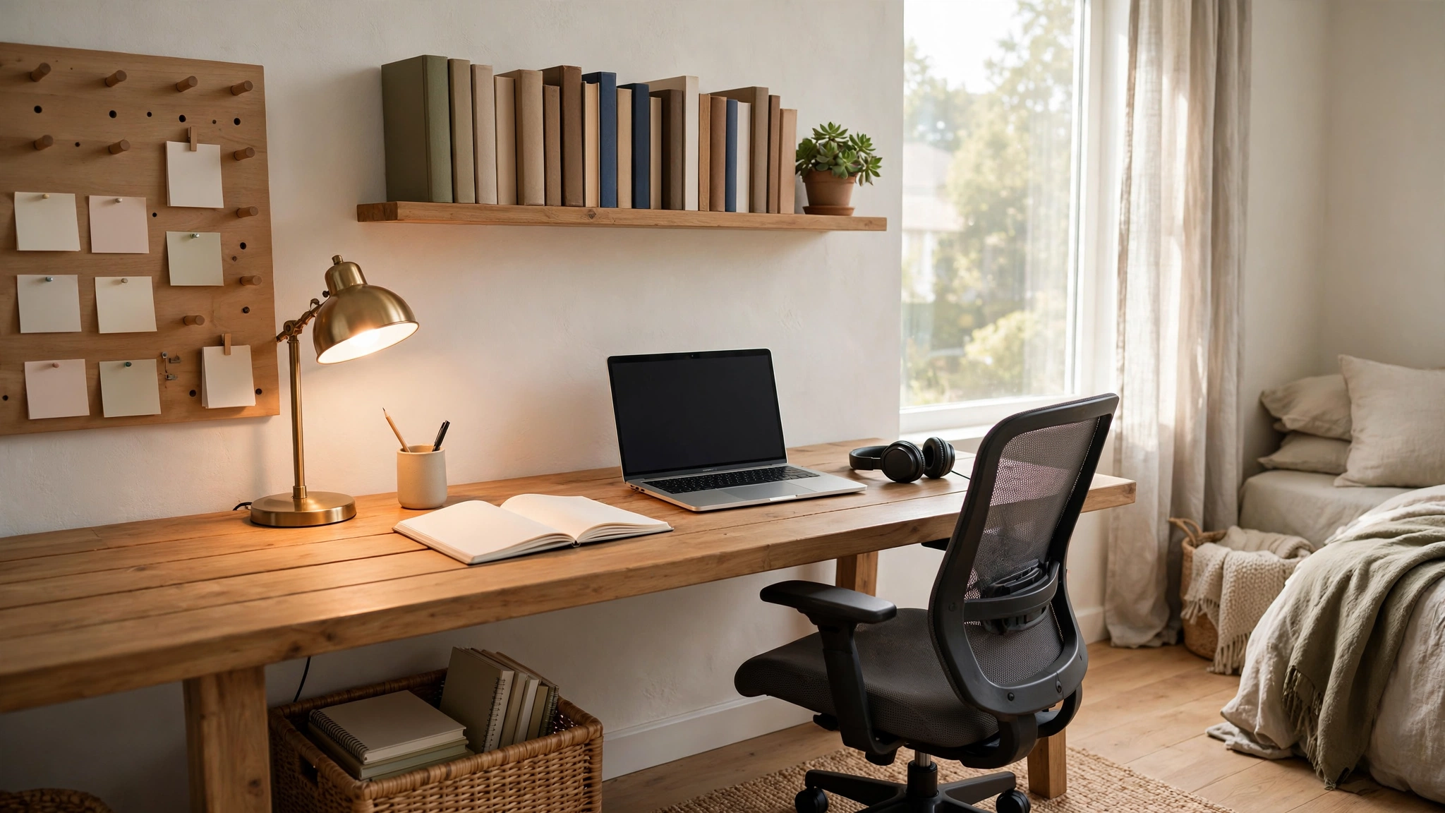 Teen study zone with a wide wooden desk, laptop, desk lamp and wall shelves by a bright window