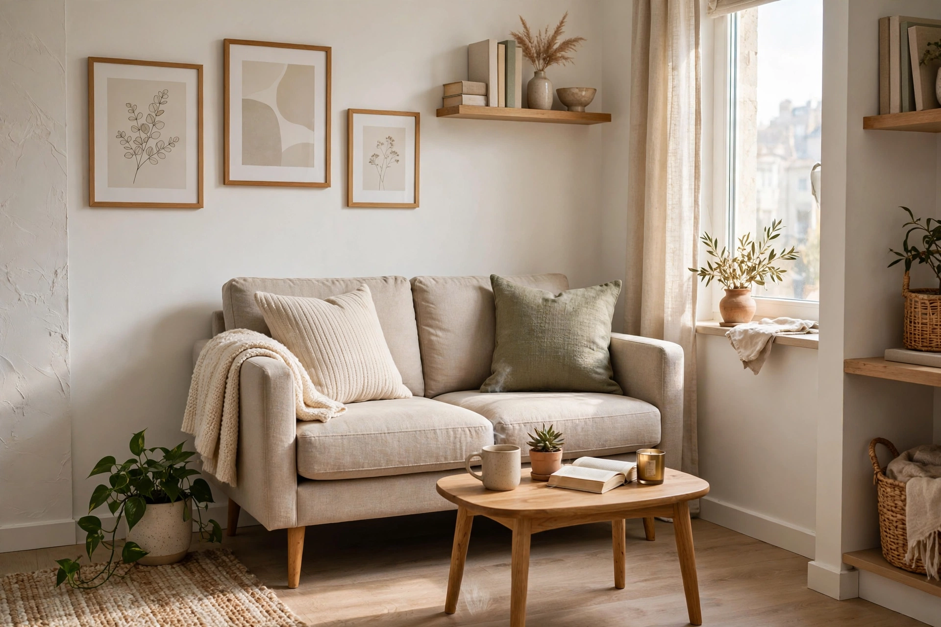 Compact loveseat serving as the main sofa in a small apartment living room