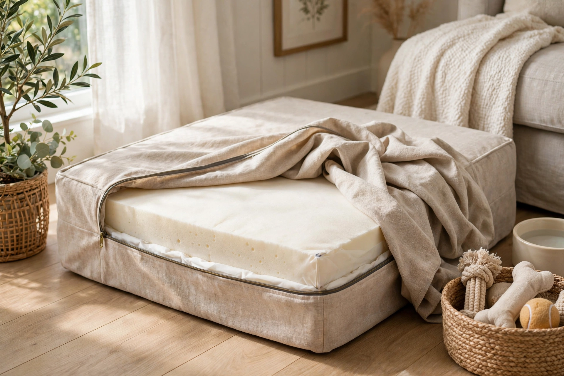 Dog bed with a washable slipcover half removed showing the inner cushion