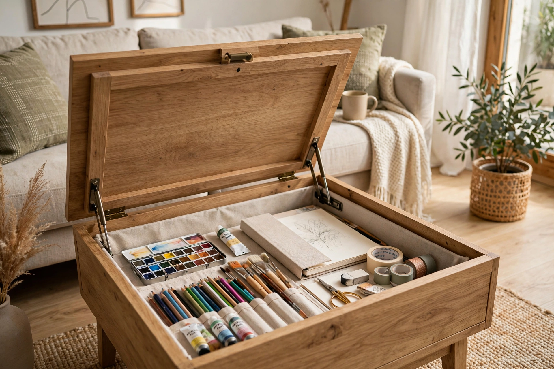 Lift-top coffee table showing hidden storage compartment for art supplies