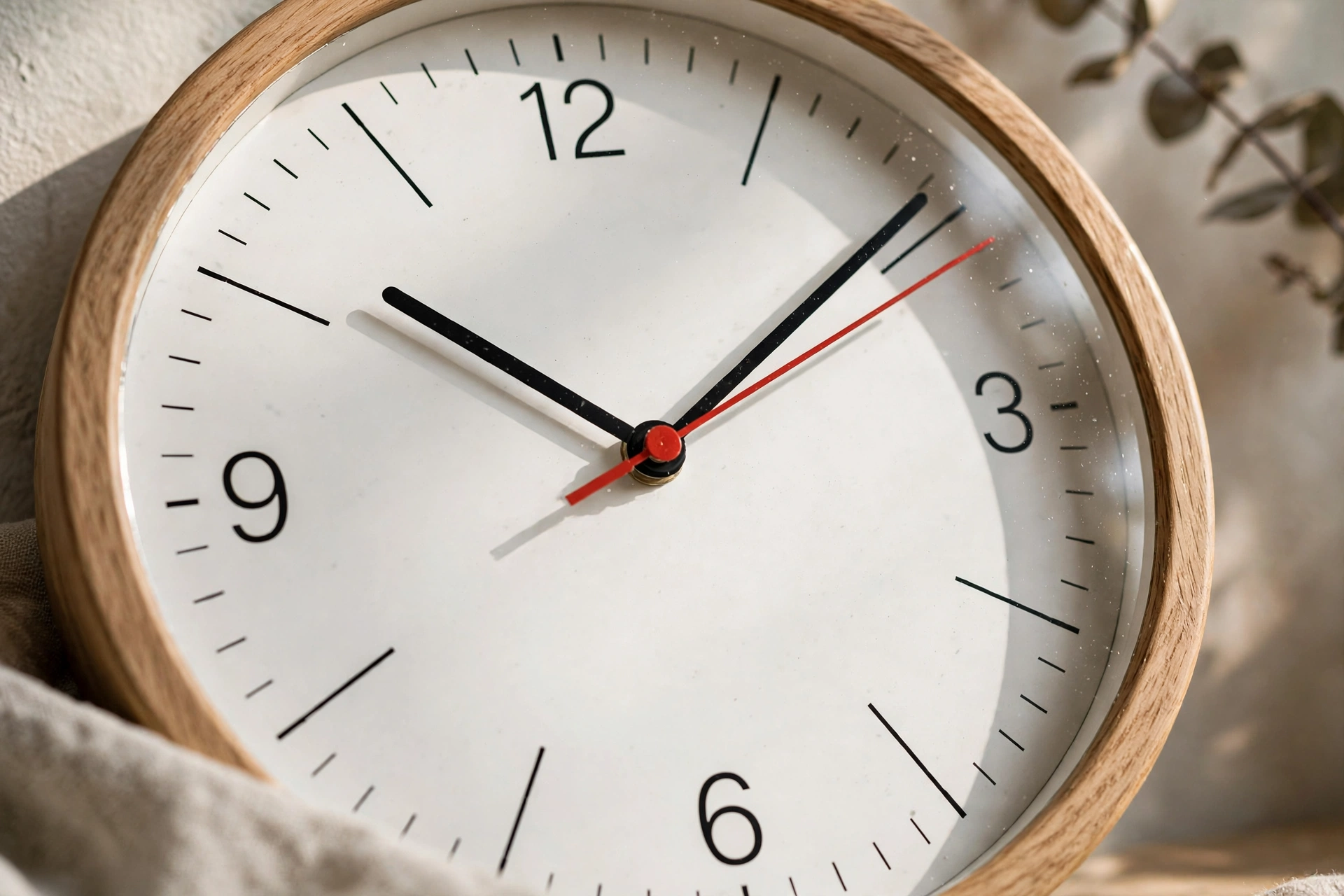 Close-up of a silent sweep clock face with a smoothly gliding red second hand
