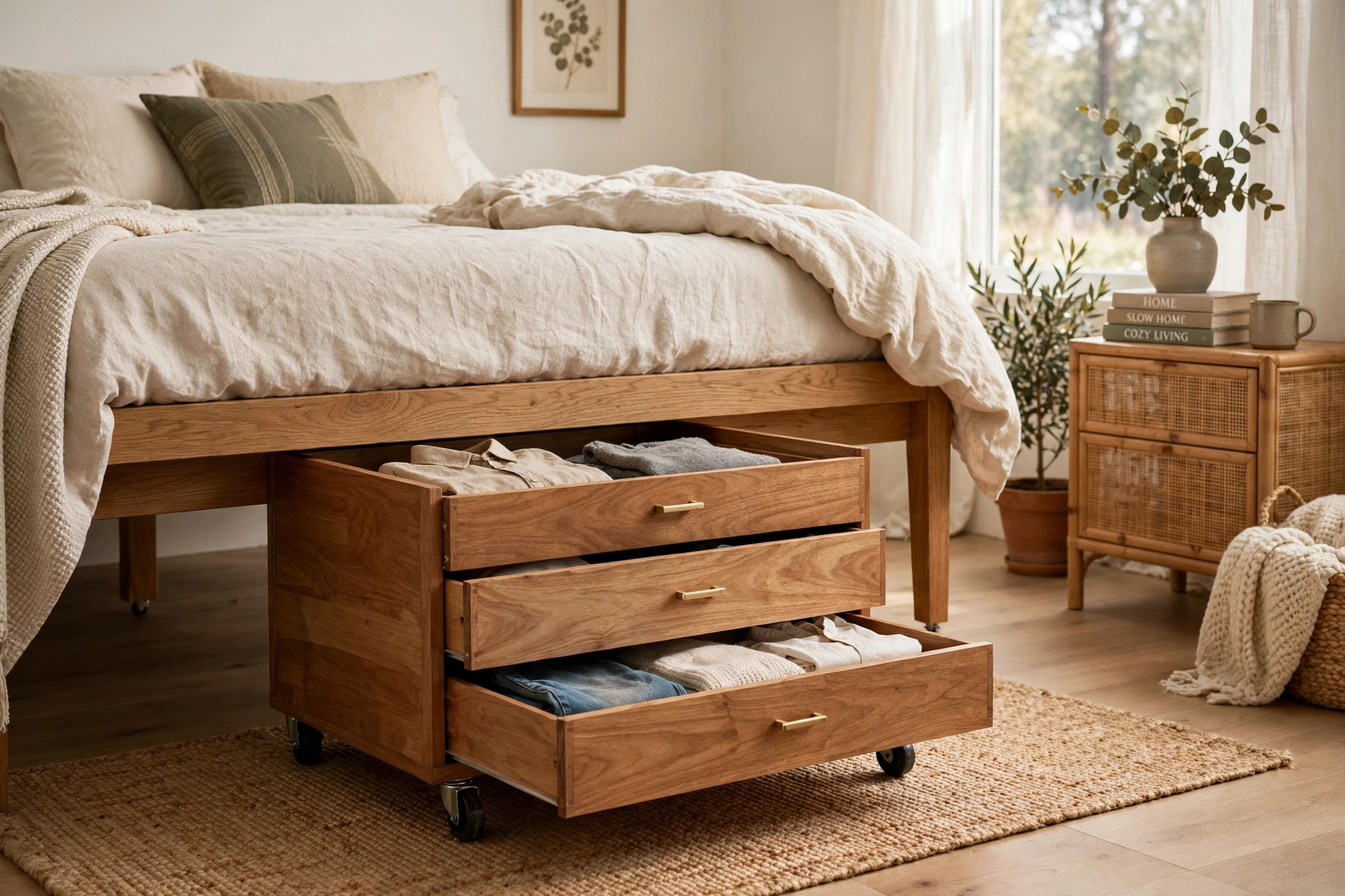 Wooden rolling drawers with casters pulled out from under a bedroom bed