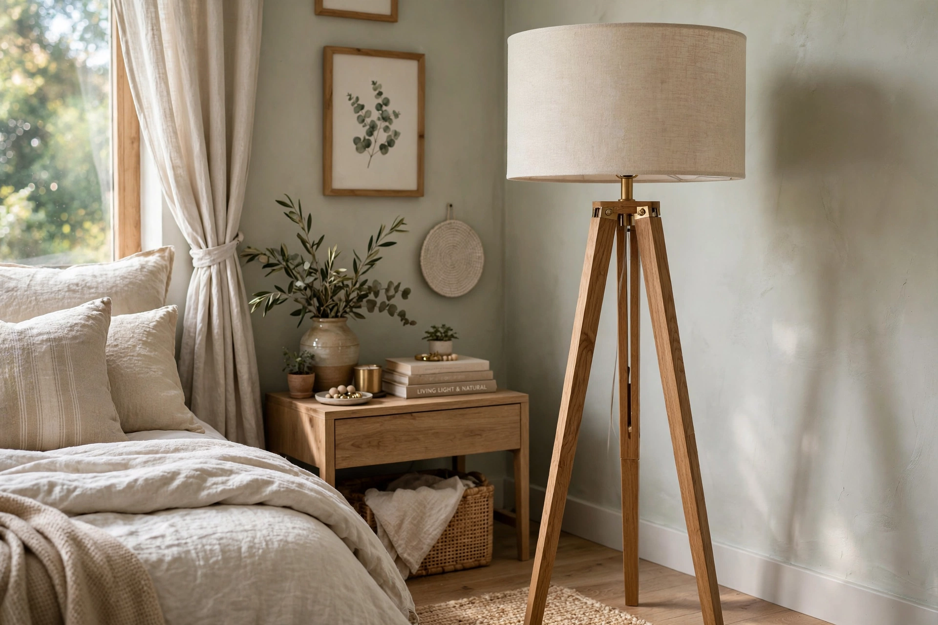 Wooden tripod floor lamp with a linen drum shade in a bedroom corner