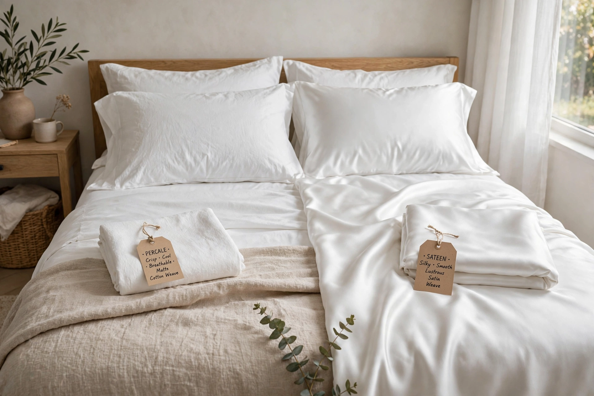 Crisp white percale sheets and a silky sateen set compared on a bed