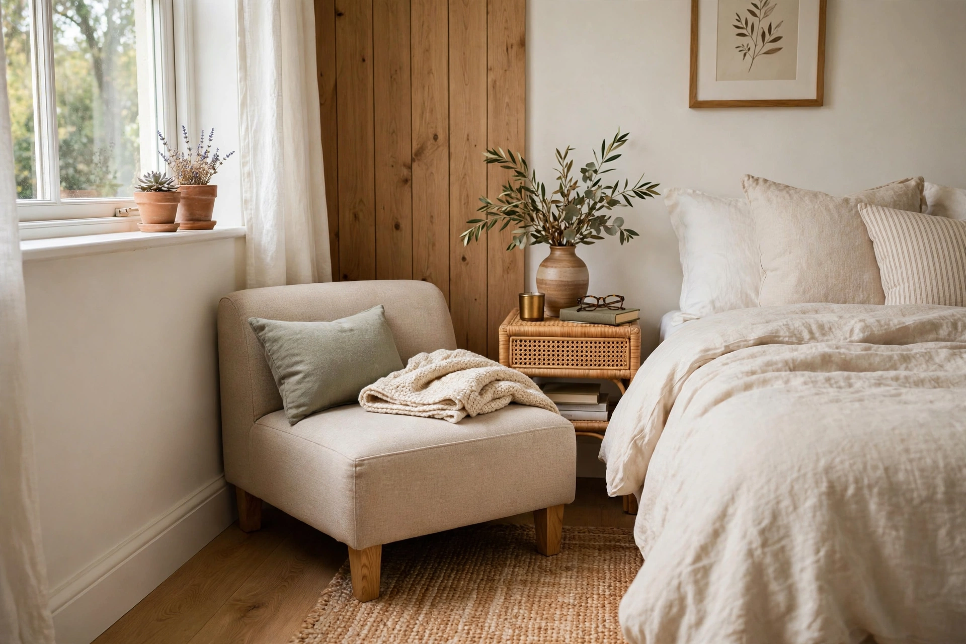 Low armless slipper chair tucked into a small bedroom corner by the bed
