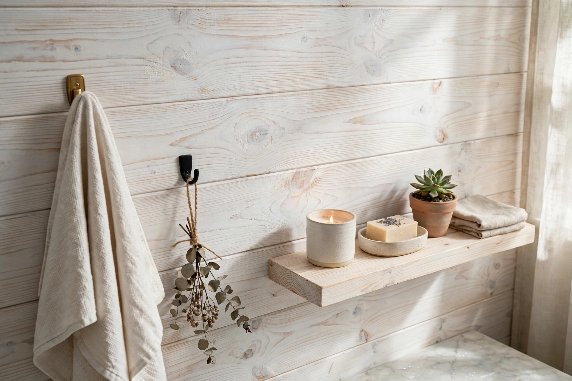 Whitewashed pine shiplap bathroom wall showing soft visible wood grain