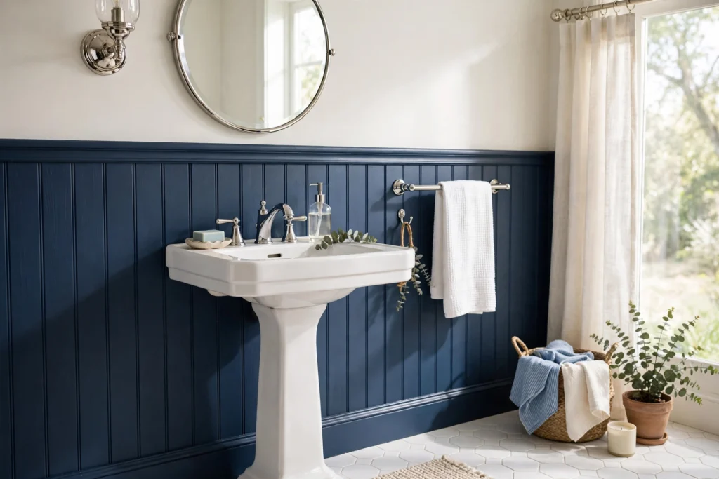 Navy blue beadboard bathroom wall with white pedestal sink and chrome fixtures