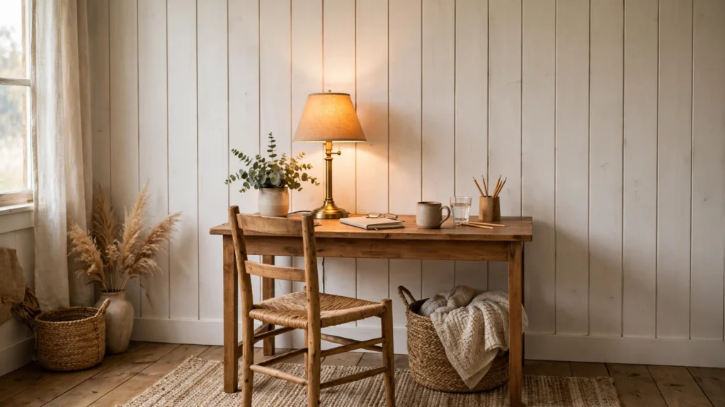 White shiplap accent wall behind a farmhouse office desk
