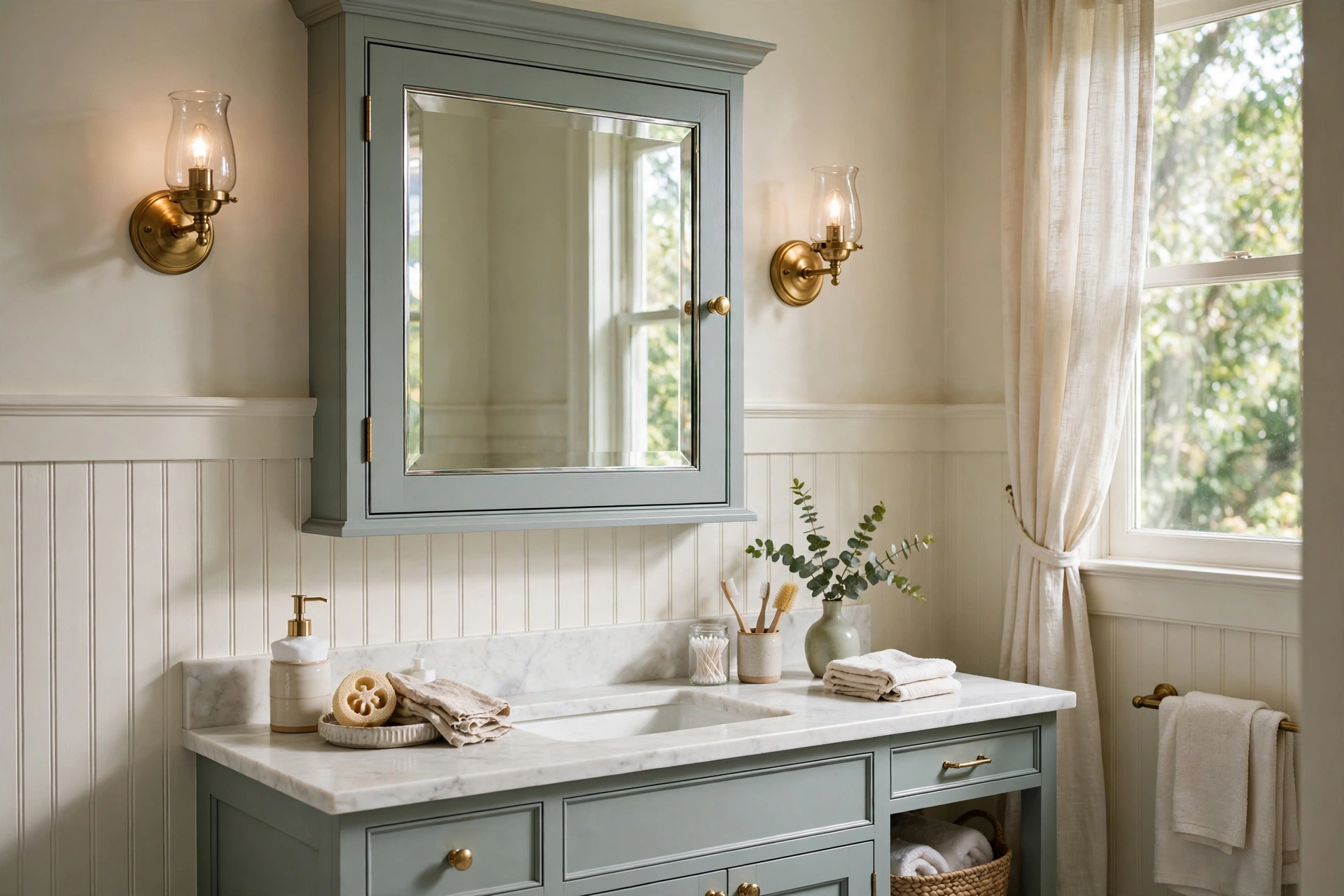 Surface-mount medicine cabinet with beveled mirror door in a traditional bathroom