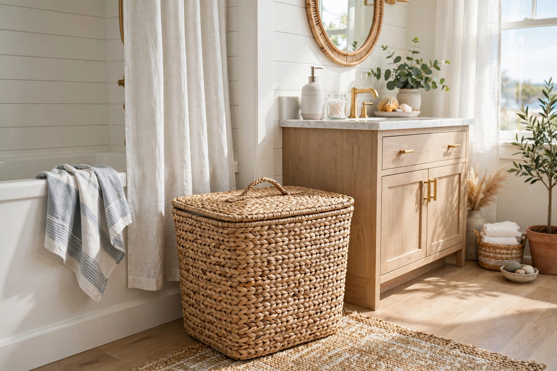 Woven seagrass hamper with lid in a bright coastal-style bathroom