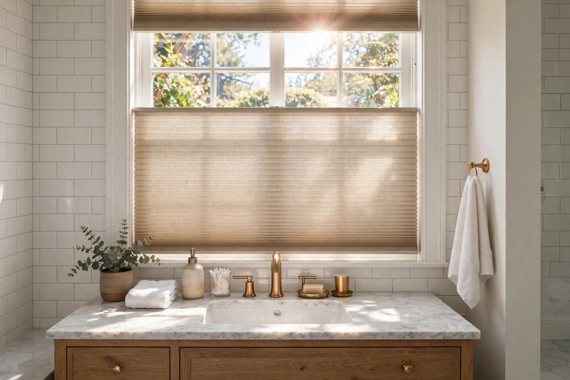 Top-down bottom-up cellular shades letting light in from the top of a bathroom window