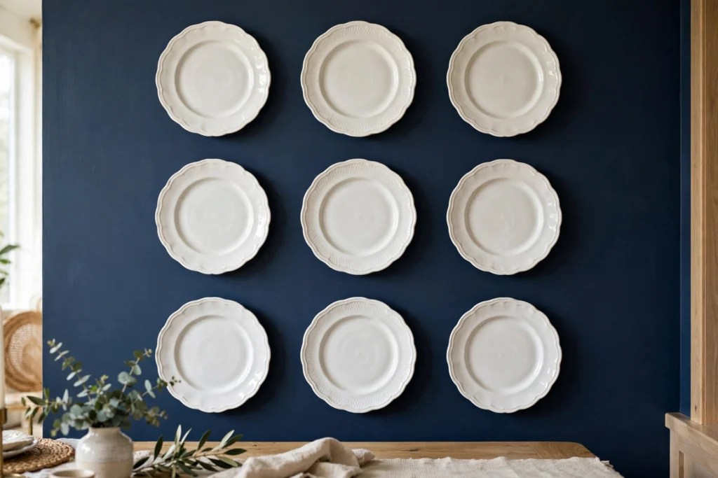 Nine white plates hung in a precise square grid on a navy dining room wall