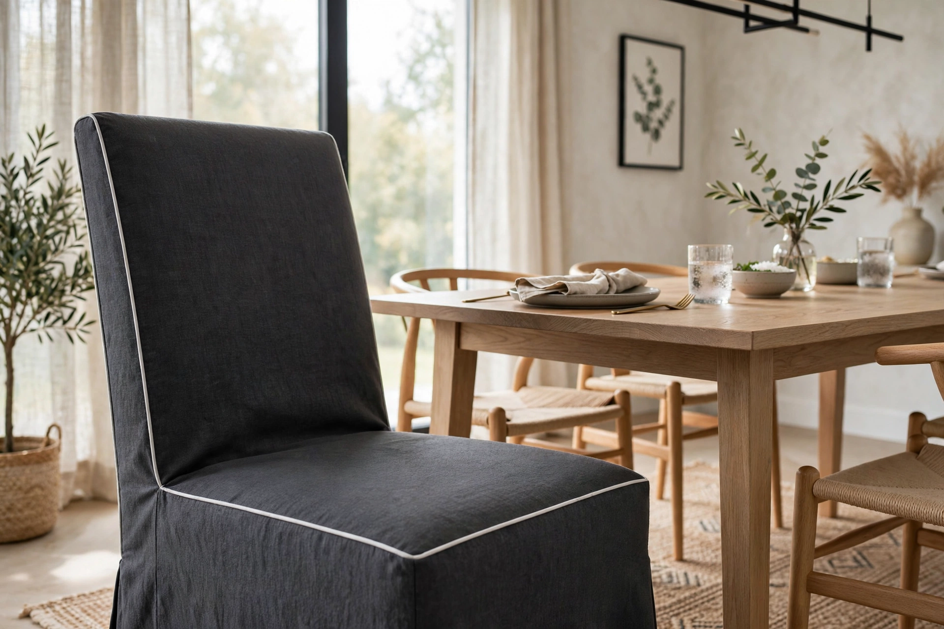 Tailored charcoal Parsons chair slipcover with crisp piping in a modern dining room