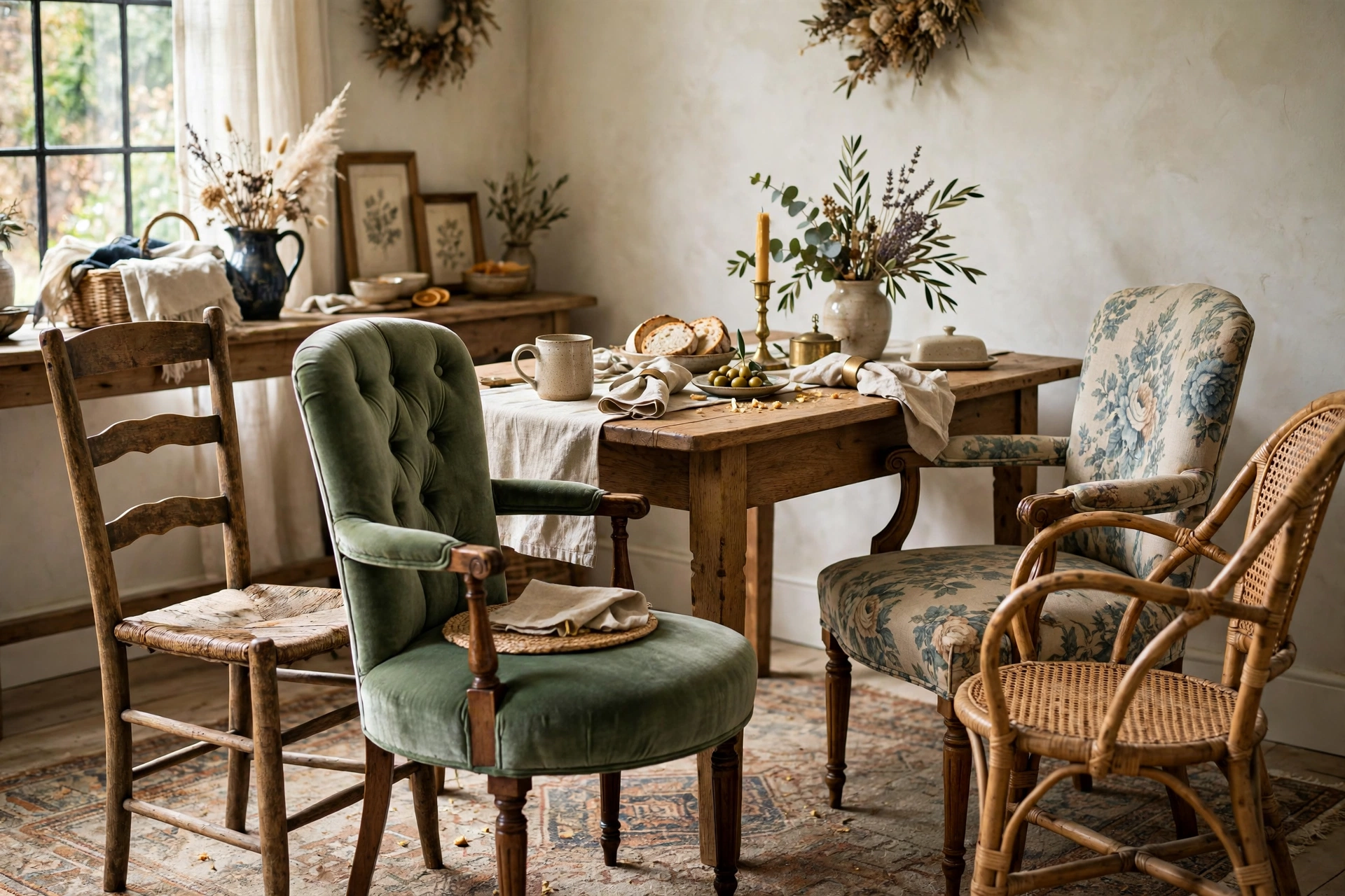 Mismatched vintage chairs including ladder-back and upholstered host chairs