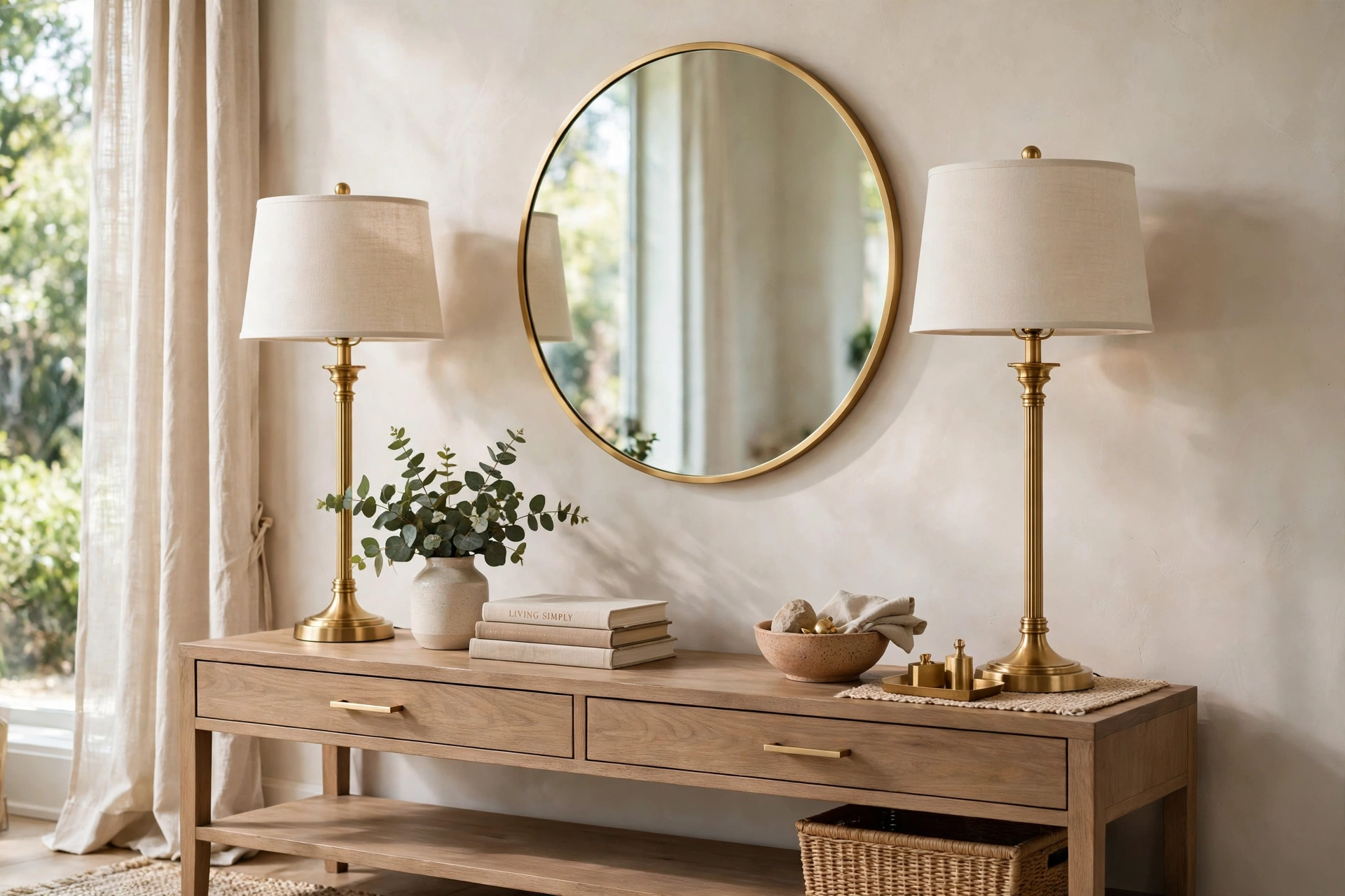 Matching pair of slim brass buffet lamps flanking a round mirror on a console