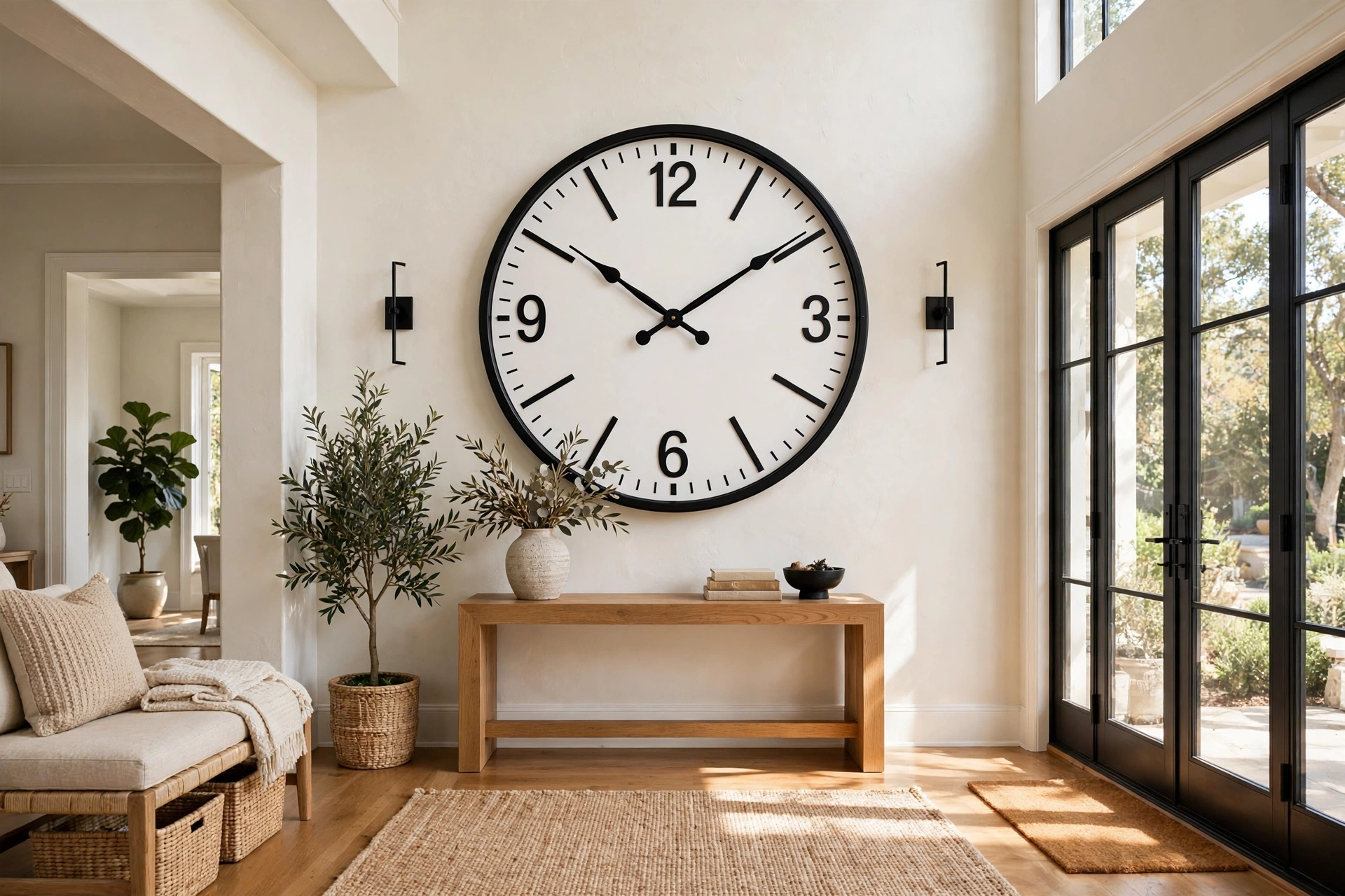 Oversized 30-inch black wall clock as a focal point in a spacious foyer