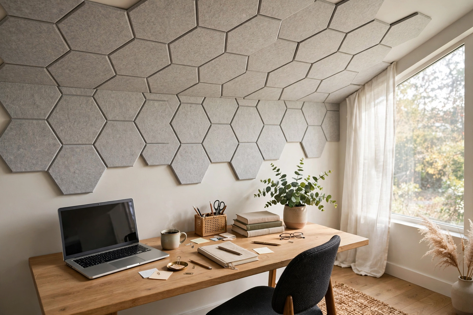 Hexagonal acoustic tiles arranged in a honeycomb pattern above a desk