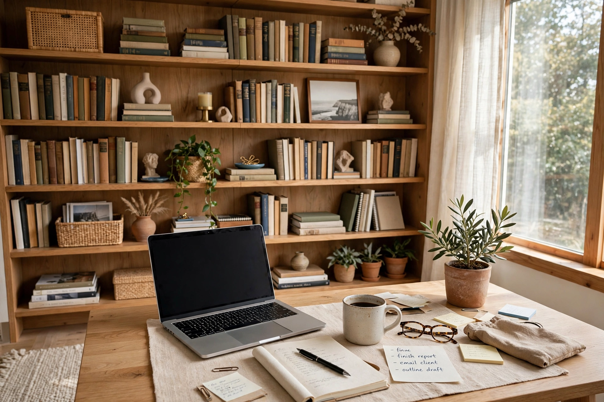 Curated bookcase with styled shelves behind a home office desk