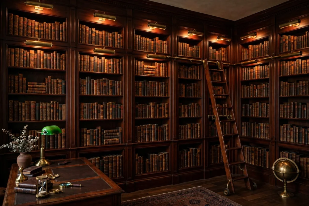 Floor-to-ceiling mahogany bookcase wall with rolling library ladder in a dark academia office