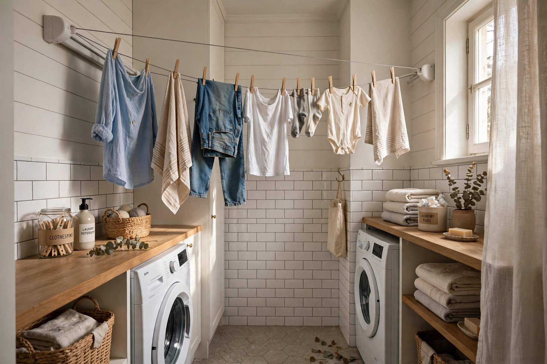 Retractable clothesline extended across a narrow laundry room